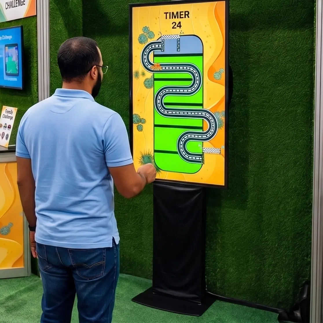 Guests playing the Interactive Camel Race in Dubai, running on custom foot pads to make digital camels sprint across a massive LED screen at a live event.